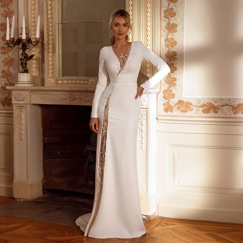 New Arrival Long Sleeves Wedding Dresses Deep V Neck Sequin Applique Sweep Train Illusion Back Bridal Gown Abiti Da Sposa