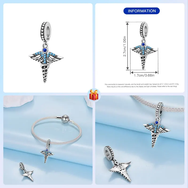 Symbols Beads 925 Sterling Silver Caduceus Health Symbol Blue Wings Double Serpent Pendant Charms Bracelets Jewelry Gift