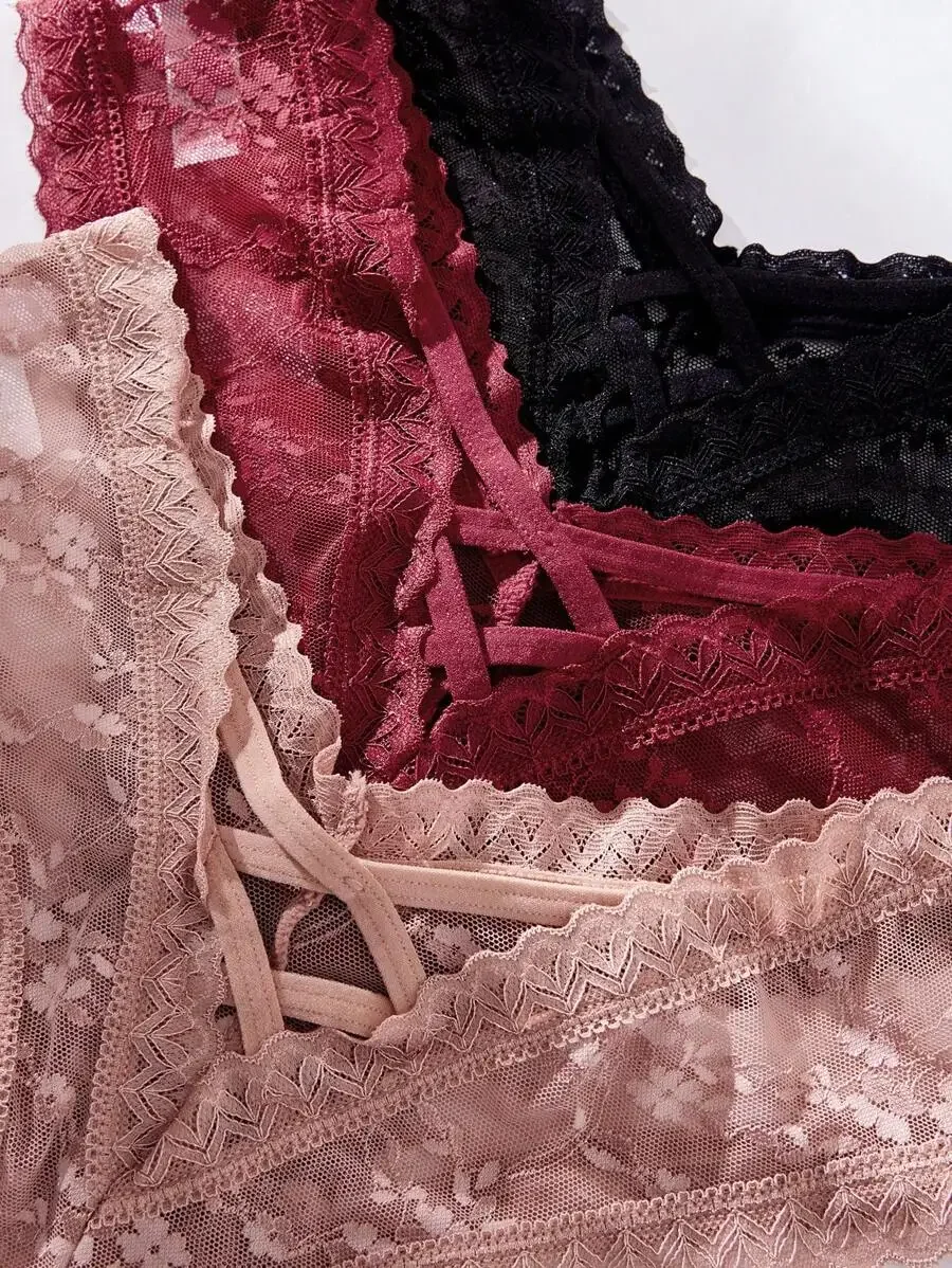 

3pcs Women Lace Triangle String Panties Set Lingerie