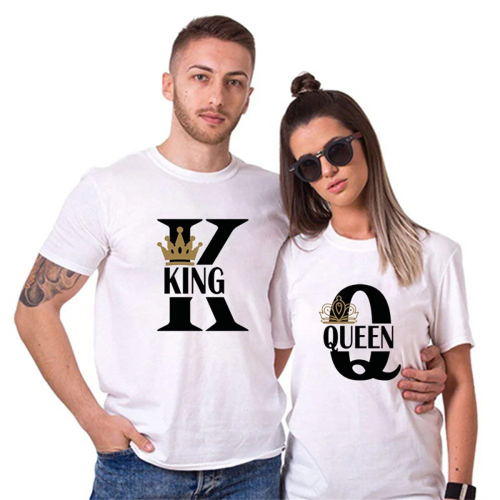 KING QUEEN Men\'s and Women\'s Couple Printed Hoodie 100% Cotton Short sleeved T-shirt Plus Size