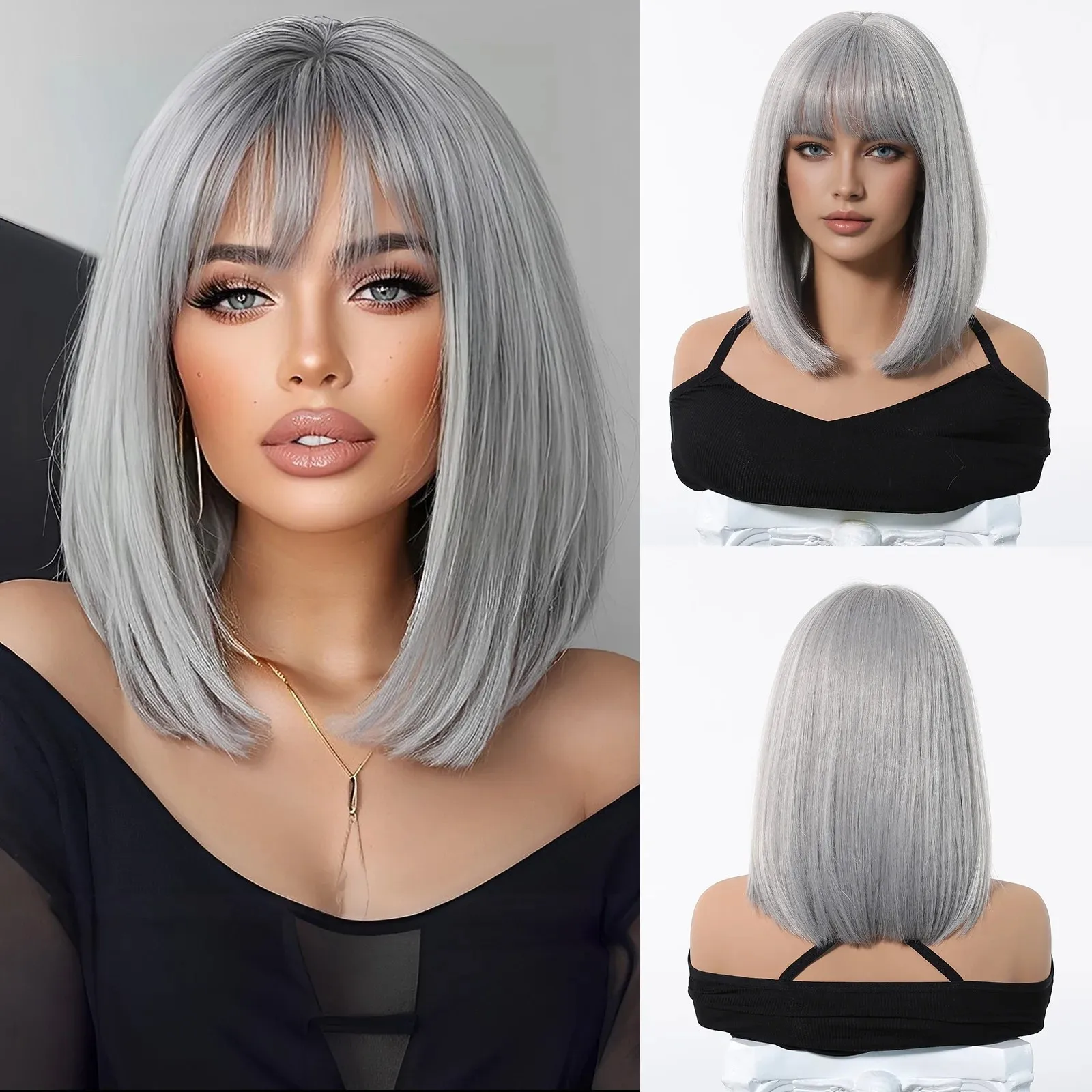 

Natural Short Grey Synthetic Wigs Straight Hair Wig with Bangs Bob Hair