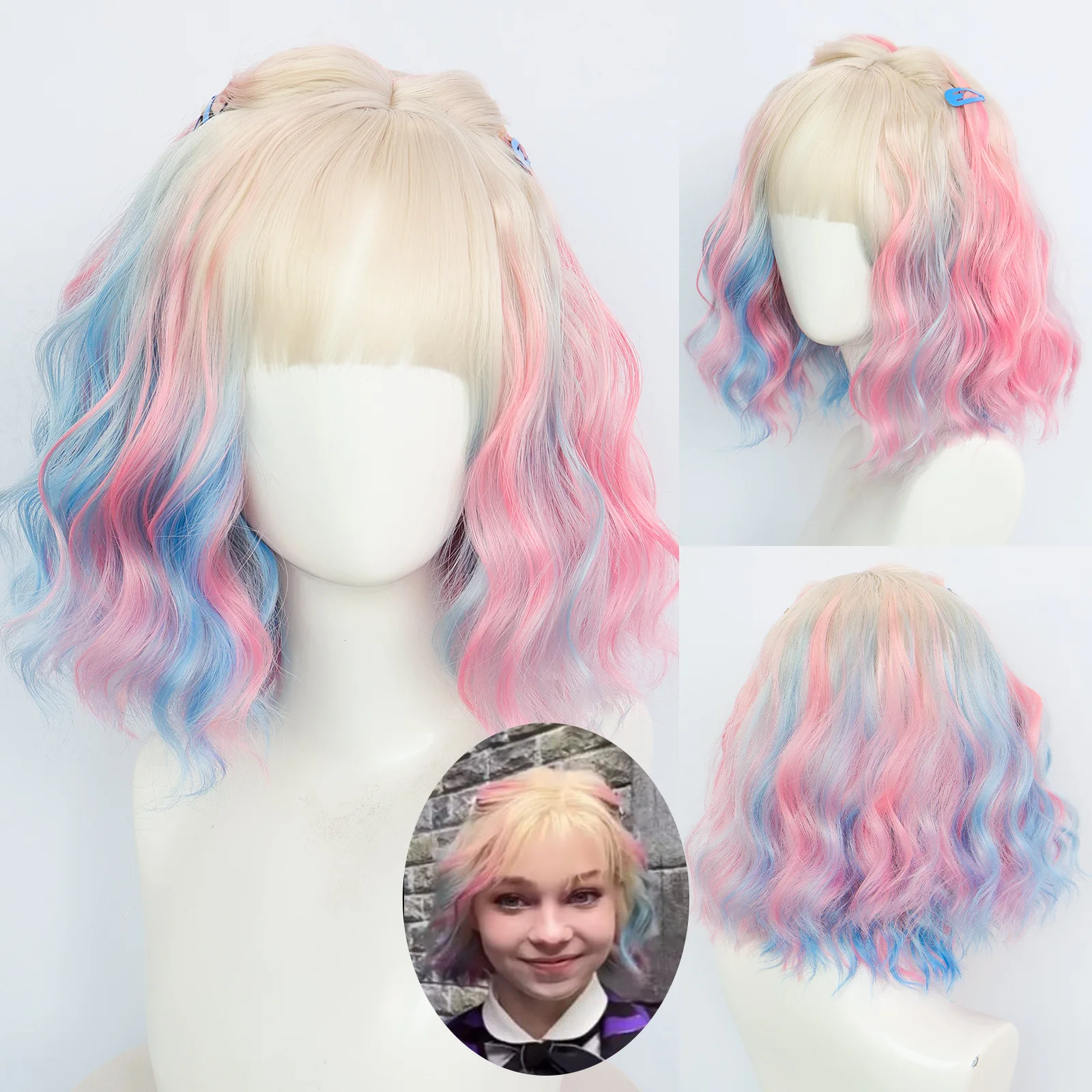 Halloween Carnaval Cosplay Wolf Girl Enid Sinclair Cosplay Blauw en Roze Krullend Haar Pruik