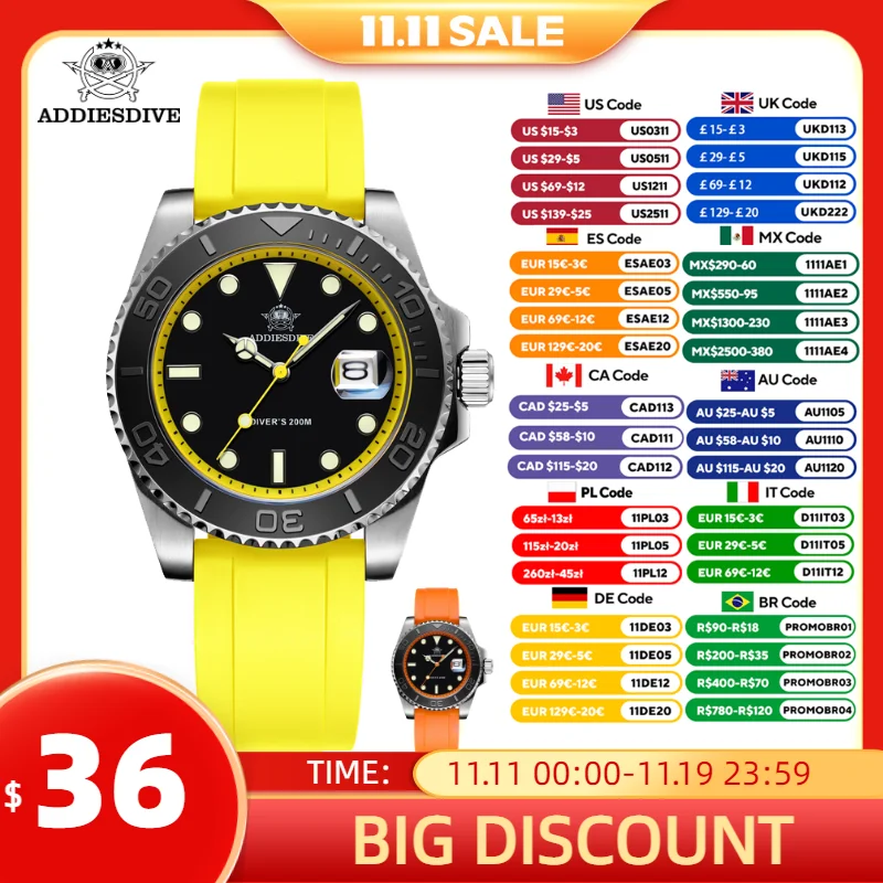 ADDIESDIVE 남성용 회전식 베젤 시계 41mm 쿼츠 시계 스테인레스 Seel BGW9 빛나는 고무 스트랩 200m 다이빙 남성용 시계 New