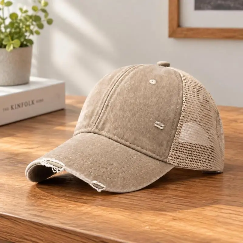 Distressed Baseball Cap for Adults, Cotton Fabric with Mesh Back Panels, Curved Brims, and Adjustable Rear Closure for Y08E