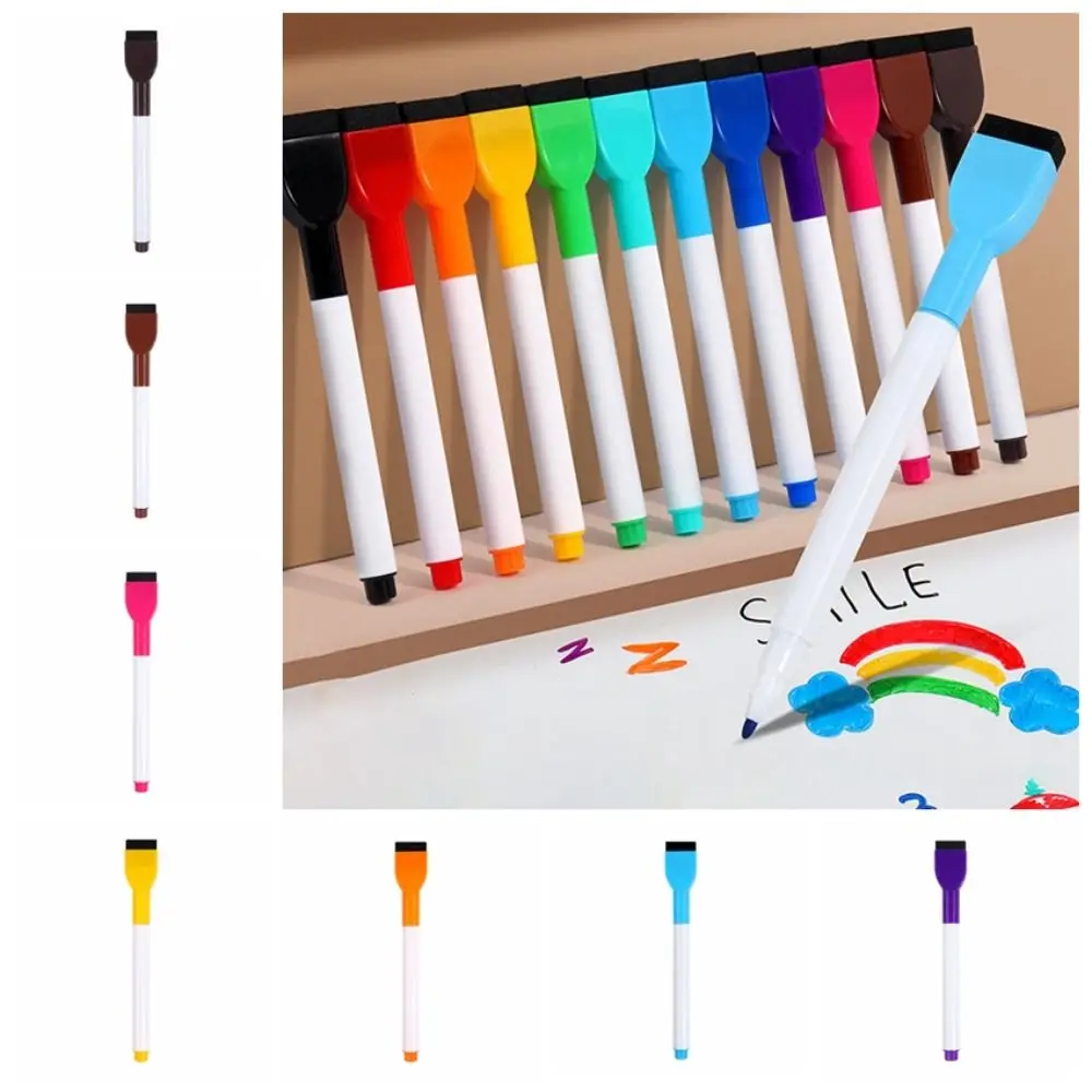 Portable Colorful Whiteboard Marker Magneticless Waterborne Brush Drawing Pen Multi-purpose Erasable Water Color Pens Fridge