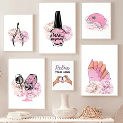 Nail Polish Manicure Light Beauty Salon Girl Flower Nordic Poster Pink Wall Art Print Canvas Painting Picture Living Room Decor