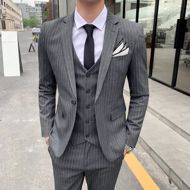 

[Jacket+Vest+Pants] Classic Striped Suit Jacket Men's Suit Suit Men's Slim Tuxedo Jacket Pants Formal Dinner Wedding Groom