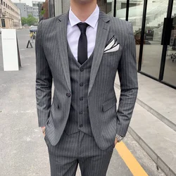 [Jas + Vest + Broek] Classic Gestreept Pak Jas Mannen Pak Pak Mannen Slim Tuxedo Jacket broek Formele Diner Bruiloft Bruidegom