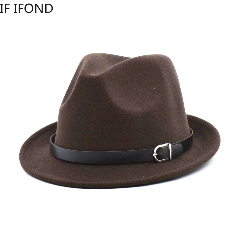 European Classical felt Fedoras Hat for Men Women Cowboy Trilby Cap Homburg Church Jazz Hat with Belt