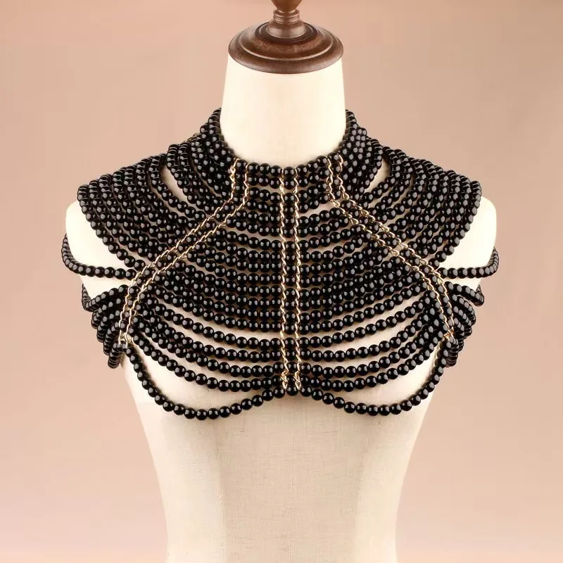 Chic Cold Minimalist Dense Pave Shiny Black Round Bead Body Chain Multi Row Stacked Choker Collar Body Jewelry For Women