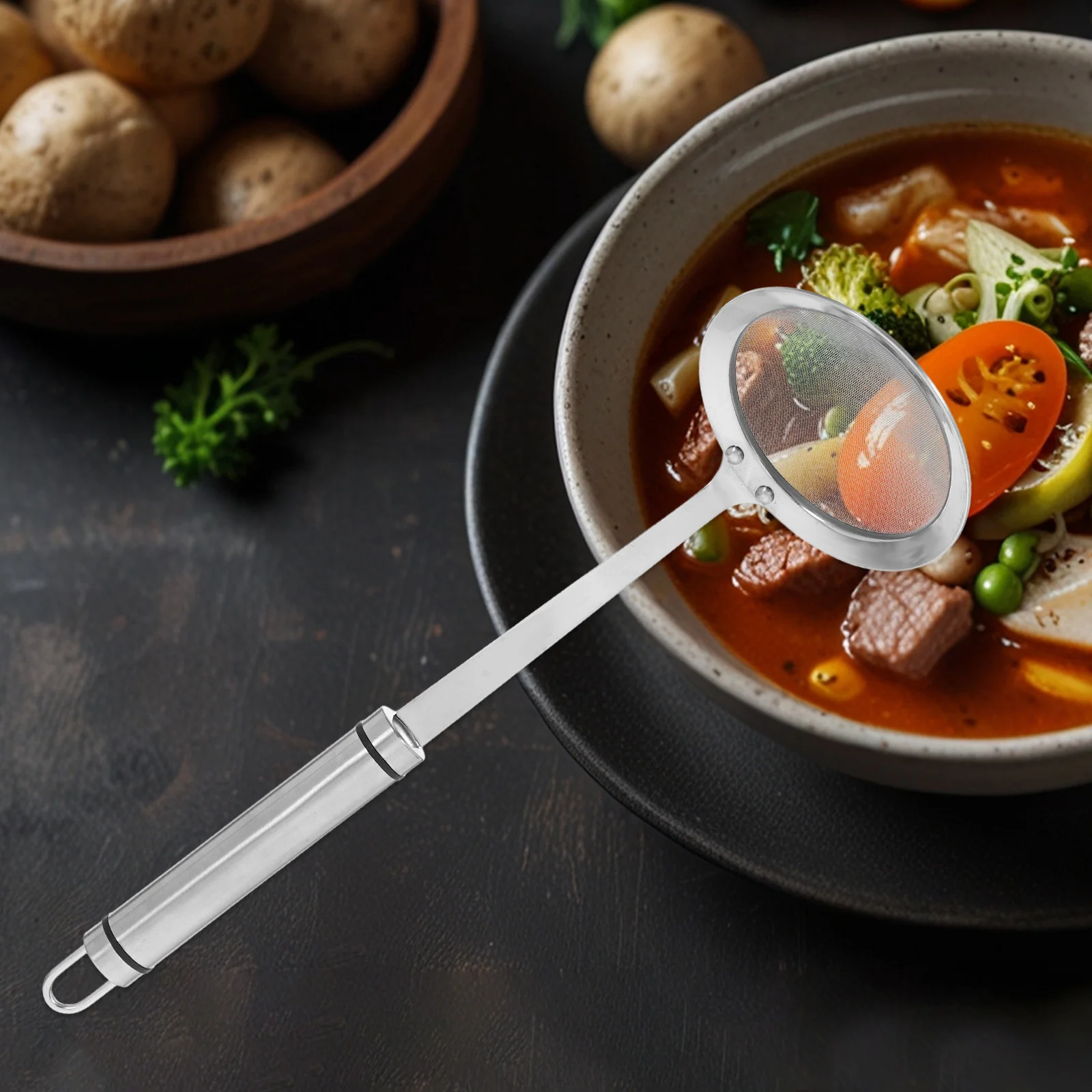 

Stainless Steel Fat Skimmer Spoon Long Handle Fine Mesh Food Strainer Cooking Frying Grease Removal Kitchen Tool Colander