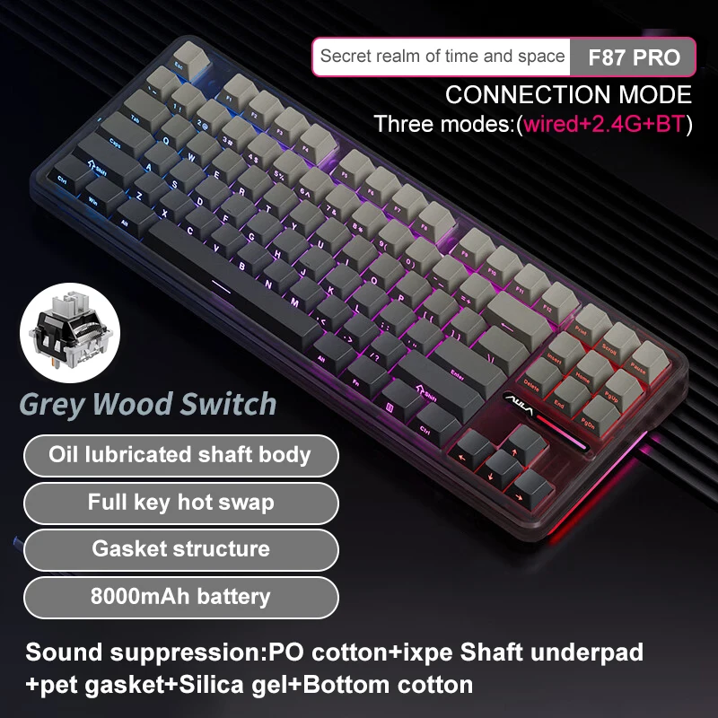 

AULA F87Pro/F87 Mechanical Keyboard,Tri-Mode 2.4G/Wired/BT Wireless Keyboard,87 Key RGB PBT Gaming Keyboard