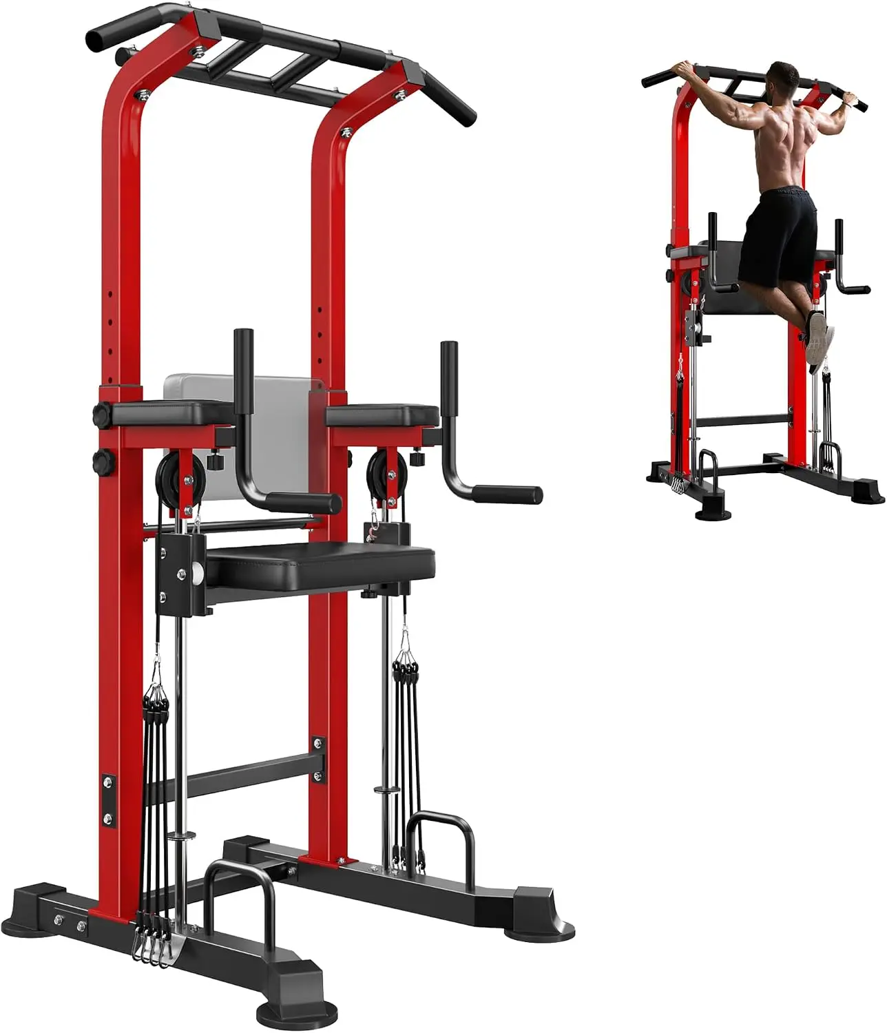 Height Adjustable Power Tower Dip Station with Assisted Pad, Red | Pull Up Bar Station Free Standing for Home Gym, Multi-Functio