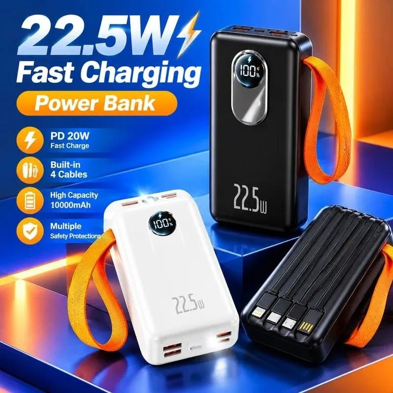 Intelligent Digital Display Power Bank with 4 Built-in Cables PD 20W Fast Charging LED Light Multi Input Output Design