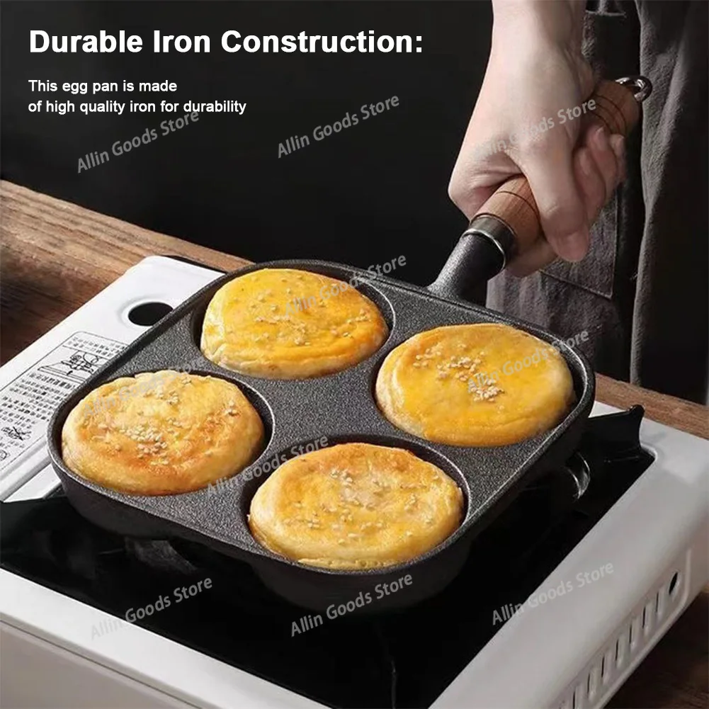 4-Hole Breakfast Burger Egg Pancake Maker Wooden Handle Non Stick Egg Pancake Steak Cooking Pan for Gas Stove Induction Cooker