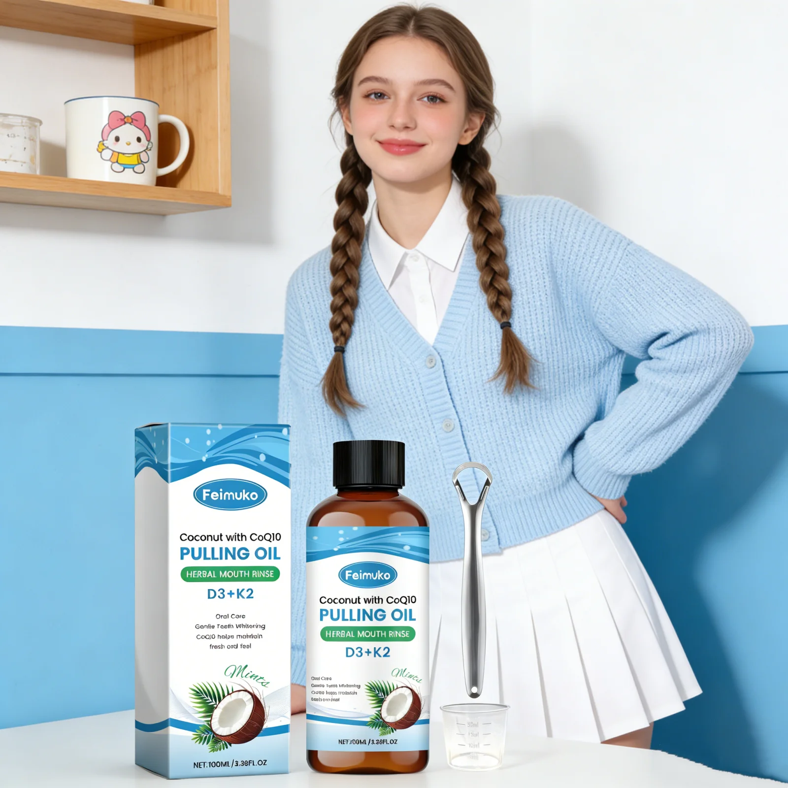 Coconut Oil Mouthwash Kit Tongue Scraper Measuring Cup Mild Whitening Fresh Breath Remove Halitosis Natural Mint Mouth Rinse Kit