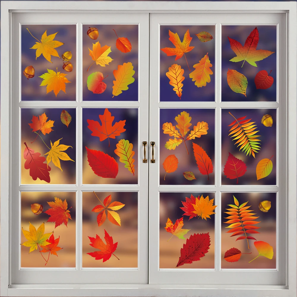 Thanksgiving Day Window Wall Sticker Home Warm Decoration Glueless Autumn Maple Leaf Sticker Art Pvc Sticker Decal Glass Door