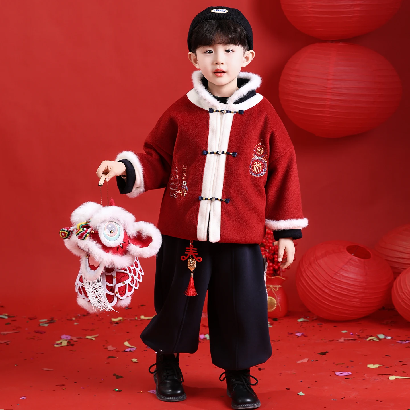 

Красный детский зимний костюм с флисовой подкладкой, новогодняя одежда, комплект из двух предметов, традиционный китайский костюм для мальчика, повседневный спортивный наряд