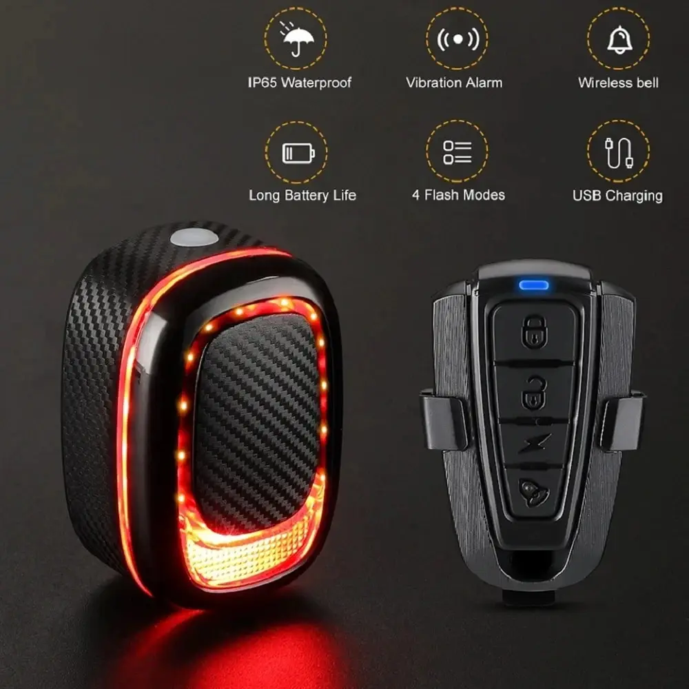 Bike Taillight IPX5 Waterproof Bike Alarm Remote Control USB Charge Bicycle Vibration Alarm Brake Sensing Anti-theft Bike Lamp