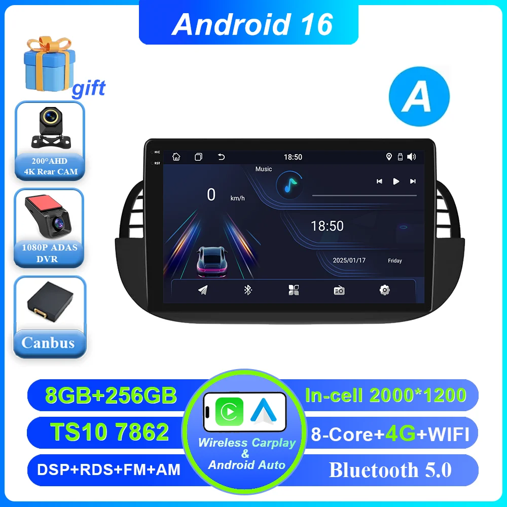 Auto DVD Android 16 Radio Stereo voor Fiat 500 2007-2015 Auto Multimedia Speler GPS Navigatie Hoofdunit Hoge-Prestatie CPU WIFI