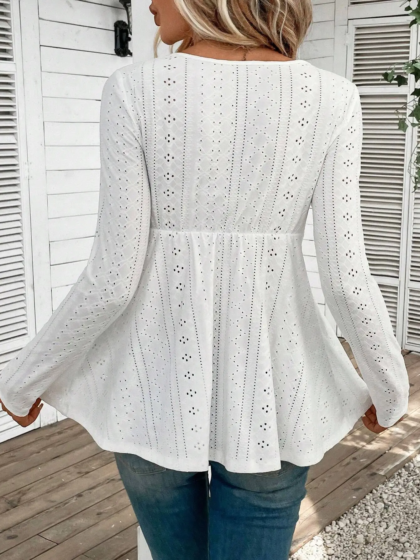 Woman Clothes White Eyelet Lace Top V Neck Scalloped Trim Elastic Waist for Comfort Peplum Fit for Boho Chic Looks
