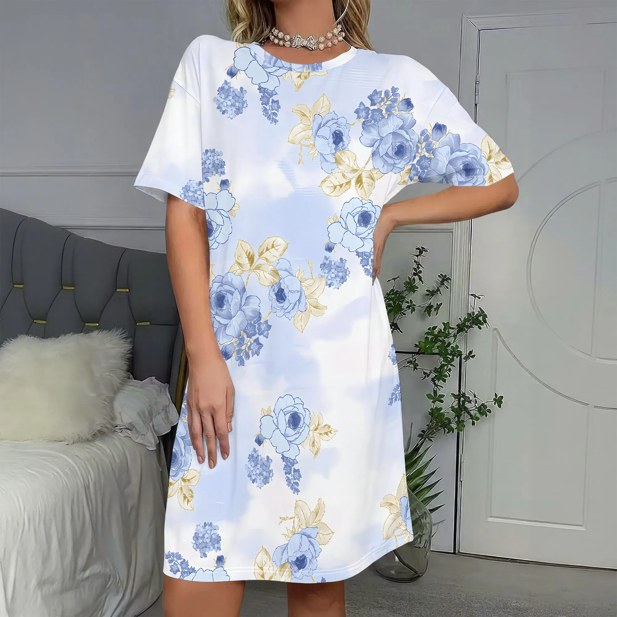 

Floral Print, Short Sleeve Dress, Blue Flower Pattern, Yellow Accents, Casual Summer Wear, Women's Fashion, S-2XL