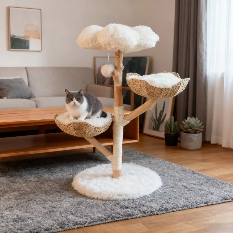 Cat Tree Tower Soft Plush Pad, Top Hanging Ball Toy, Rattan Nest, Sisal Scratch Board, Pet Game Furniture, Cat Tree and Scratch
