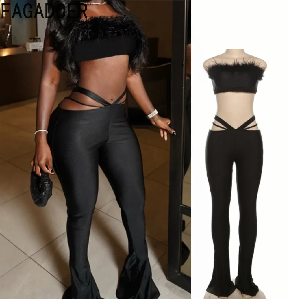 

FAGADOER Sexy Black Two Piece Set For Women Tube Feather Patchwork Tube Tops + Hollow Out Low Waist Flare Pants Suits Clubwear