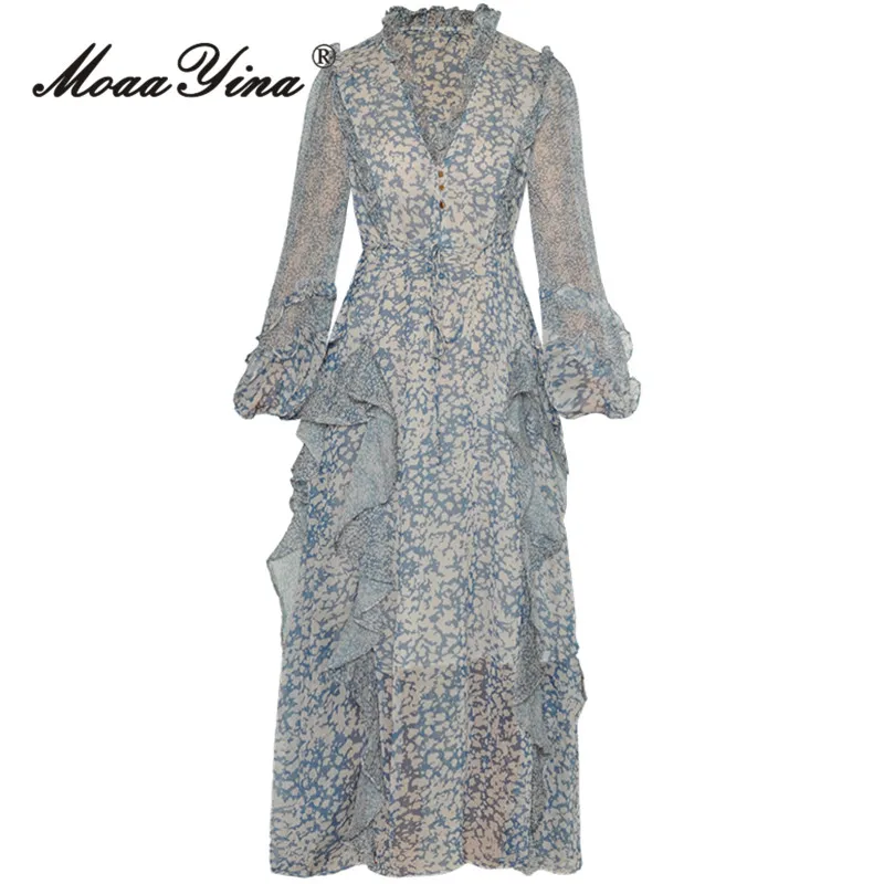 

MoaaYina Spring Fashion Runway Vintage Print Dress Women V Neck Long Sleeve Draw String Gathered Waist Ruffle Spliced Long Dress