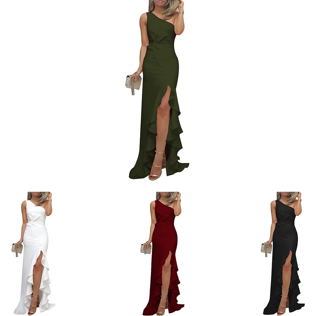 فستان بلون سادة بكتف مائل بدون أكمام للحفلات ذات فتحة عالية وحاشية كبيرة مكشكشة