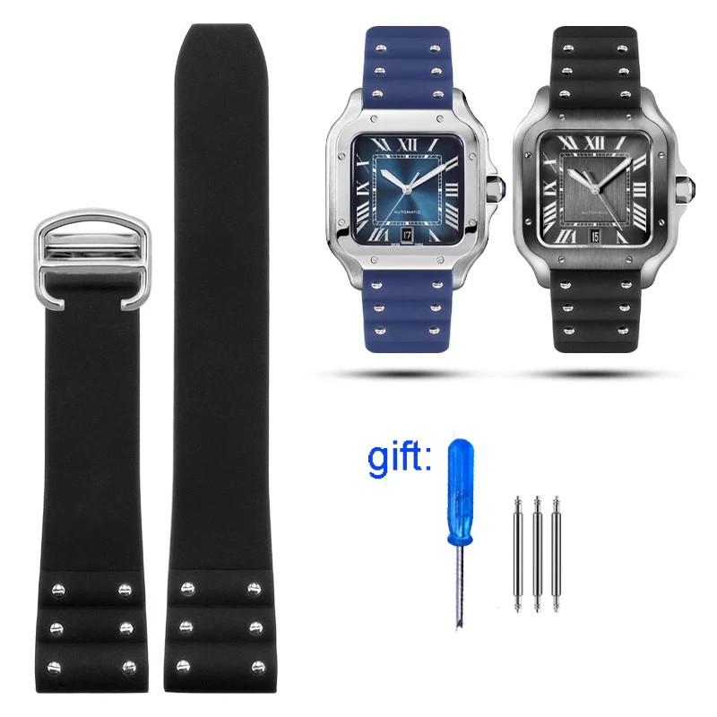Premium-Grade Rubber watchbands For Cartier Santos strap Silicone bracelet Waterproof rubber band 21mm black blue wristband