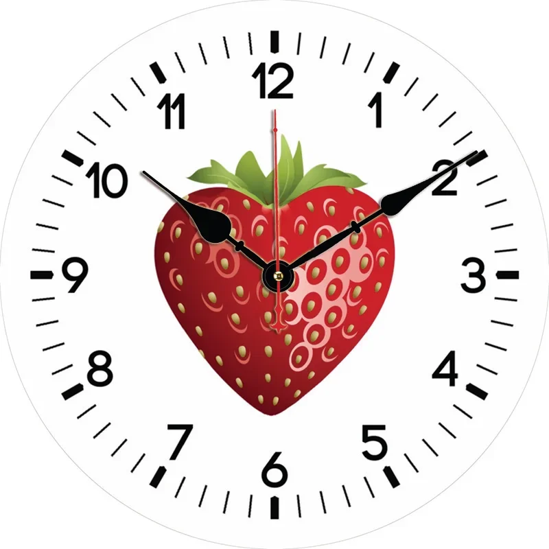 Heart-shaped Strawberry Fruit Wall Clock Round Silent Clocks Wall Carfts Decor For Home Bedroom Living Room Office Decoration