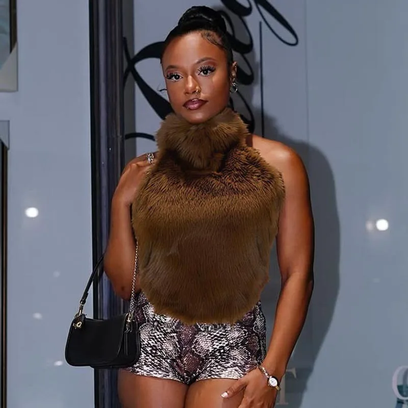 CUTENOVA Jesień/Zima Damska Seksowna Bluzka z Odkrytymi Ramionami, Imitacja Futra, Wiązana na Szyi, Bez Pleców, Bez Rękawów, z Dekoltem w Kształcie Litery U, Krótka Bluzka