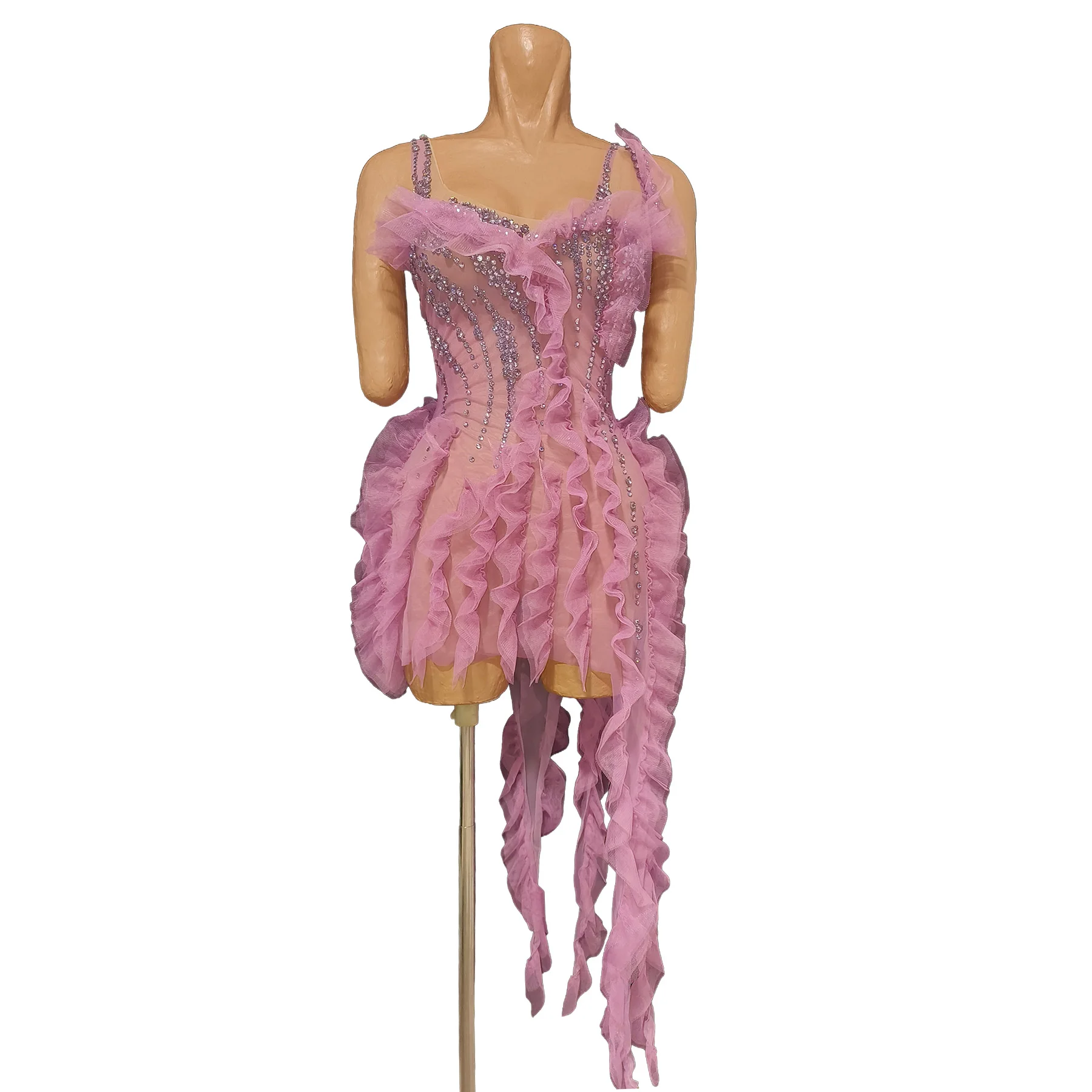 

Xiangling Shiny Pink Ruffle Tulle Rhinestone Spaghetti Strap Asymmetrical Mini Dress Prom Nightclub Photoshoot Outfit