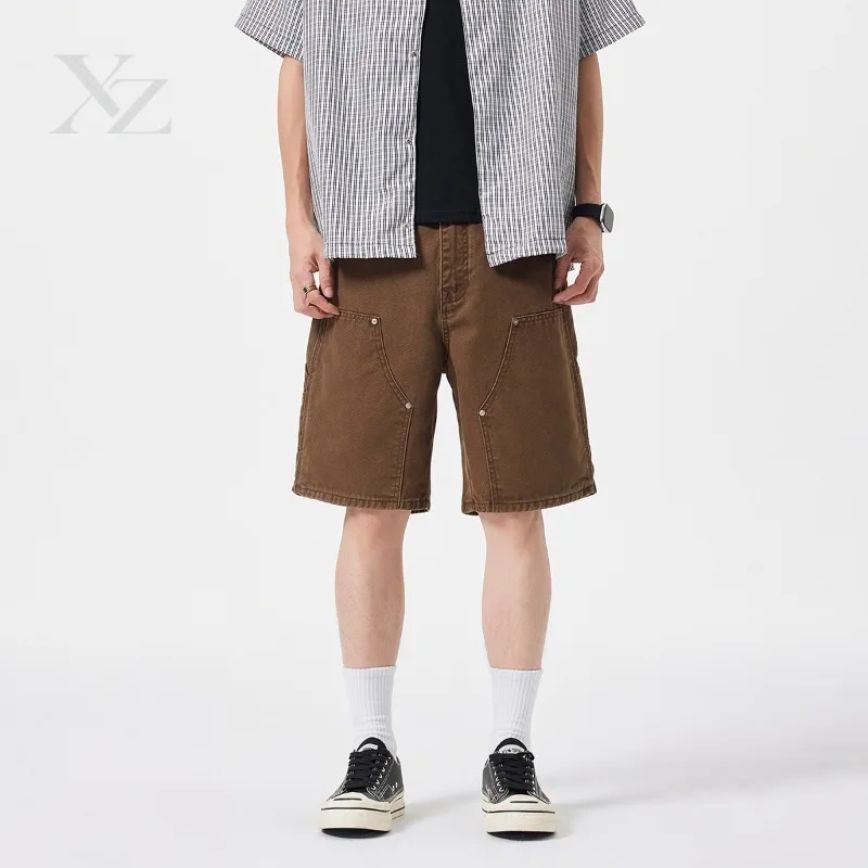 Opening Sale |American Retro Washed Denim Shorts Men Metal Rivet Patchwork Straight Five Points Bermuda Shorts Streetwear Casual