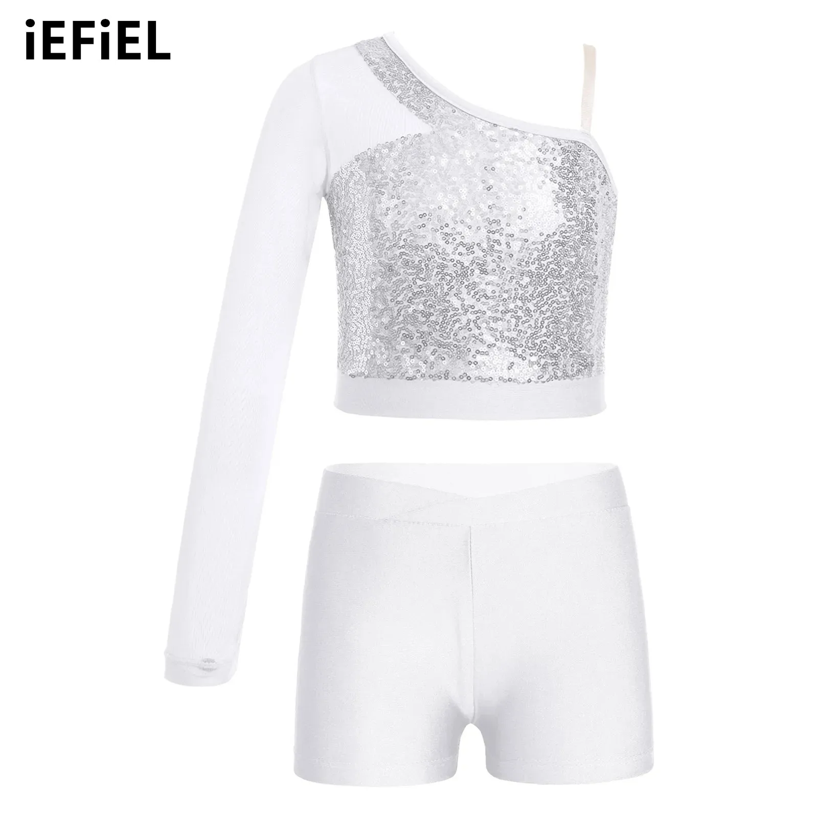 

Kids Girls Dance Costume Outfit Sparkly Sequins Dance Top Sheer Mesh One Shoulder Crop Top with V-front Waistband Shorts