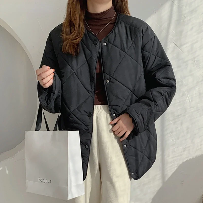 Korean Version Loose and Thin Round Neck Diamond Lattice Cotton-padded Jacket Simple Cotton-padded Jacket Women 2022 Winter New