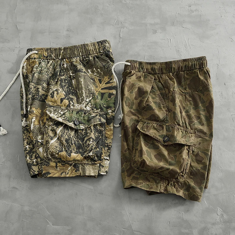 Vintage de spot camouflage cargo shorts men\'s loose straight leg summer new multi-pocket quarter pants casual pants trend