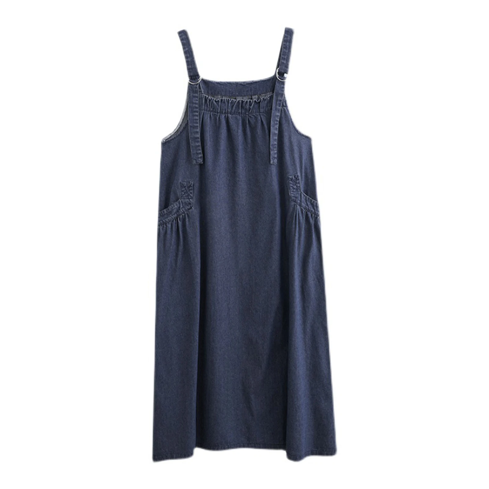 Women's Denim Overall Dress Loose Sleeveless Boho Jean Jumper Dress with Pockets Wide Hem Pinafore Dress with Adjustable Strap