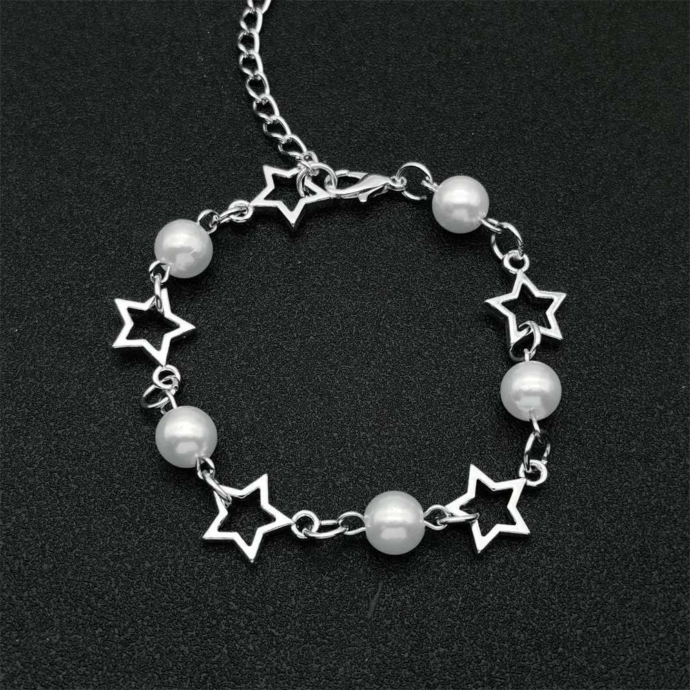 Fashion Star Bracelet Y2K Hollow Five-pointed Star Bracelet Punk Hollow Out Star Bracelet Artificial Imitation Pearl Bracelet