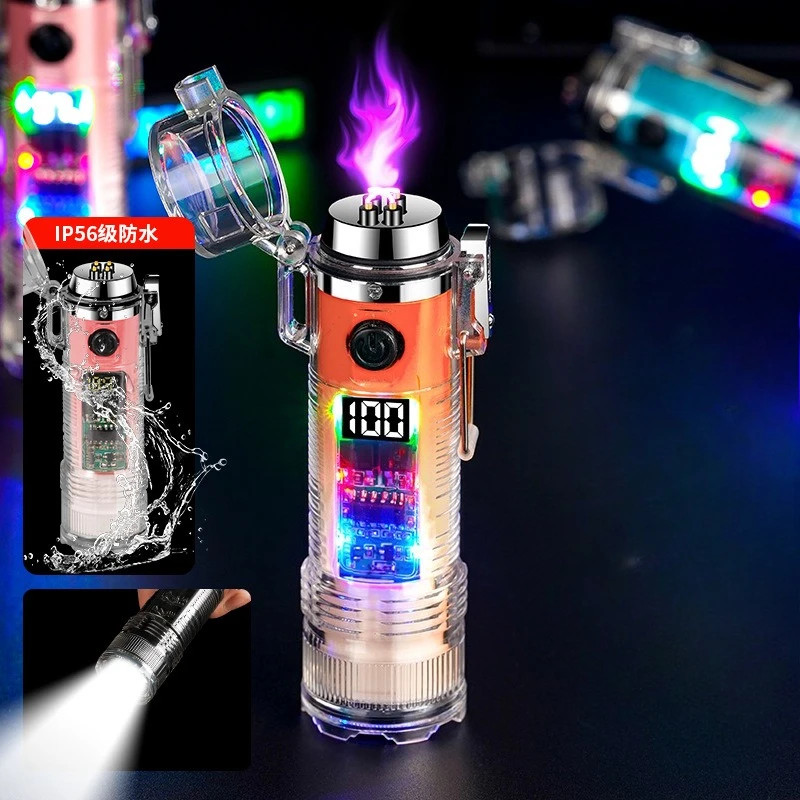 2026 New Colorful Transparent Lighter Cylindrical Flashlight Waterproof Double Arc Cigarette Lighter Charging Pulse Lighter Gift