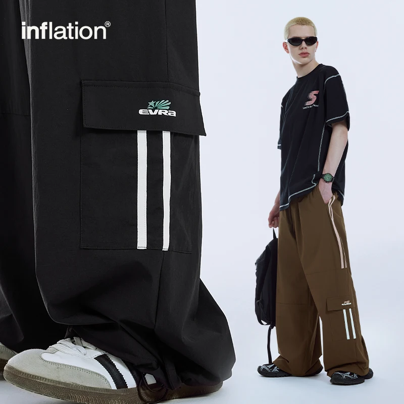 INFLASI Celana Lebar Tambal Sulam Retro Celana Panjang Kargo Longgar Trendi Pria