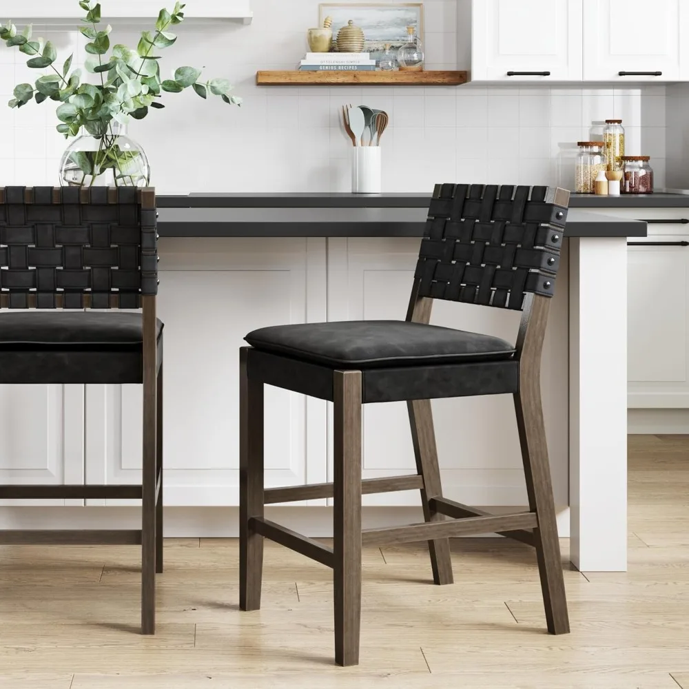 

Bar Stool Modern Leather, Counter Height Chair in Solid Wood Frame with Footrest and Woven Leather Back for Kitchen, Bar Stool