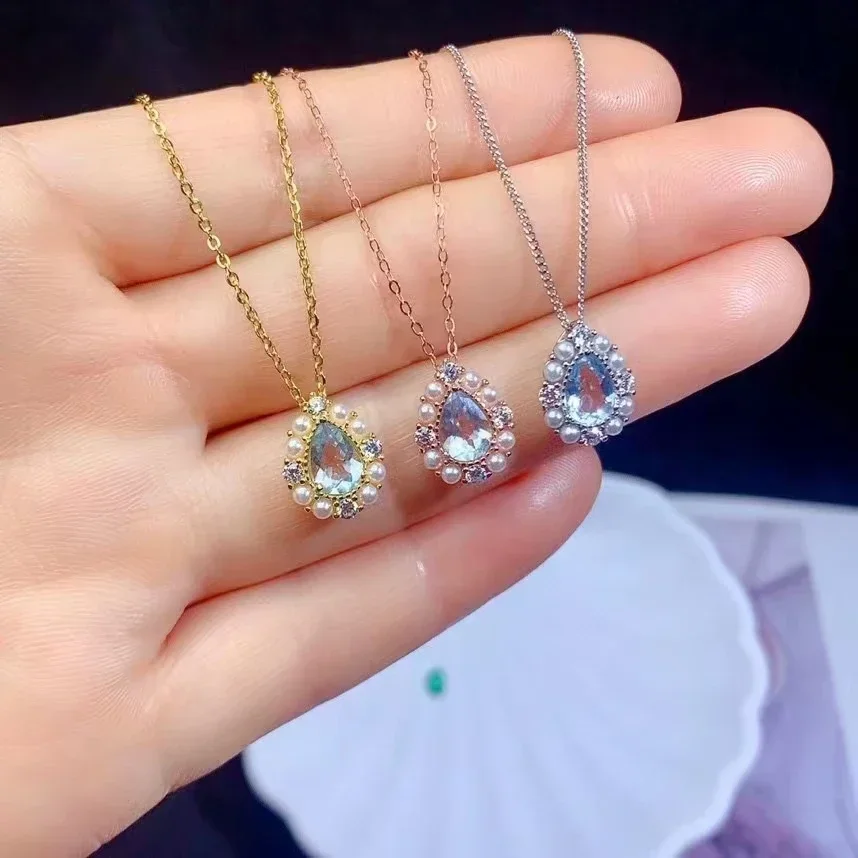 

Natural Aquamarine 925 Silver Necklace Pendant Keep Shining 3 Layers 18K Gold Plated 5mm*7mm Jewelry Aquamarine Pendant