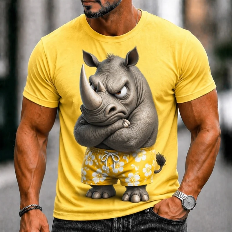 3D Print Funny Cartoon Rhino T-Shirt For Men Cute Animal Graphic Short Sleeve Tees Summer Casual Street Tops Round Neck T Shirts