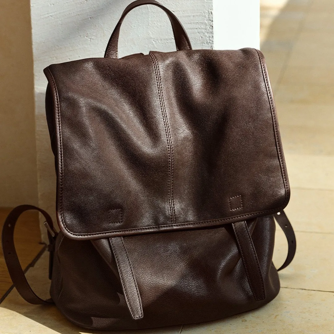Sheepskin Backpack Women's Large Capacity Handbags Genuine Leather Rucksack Unisex Vintage Vegetable Tanned Commuter Travel Bag