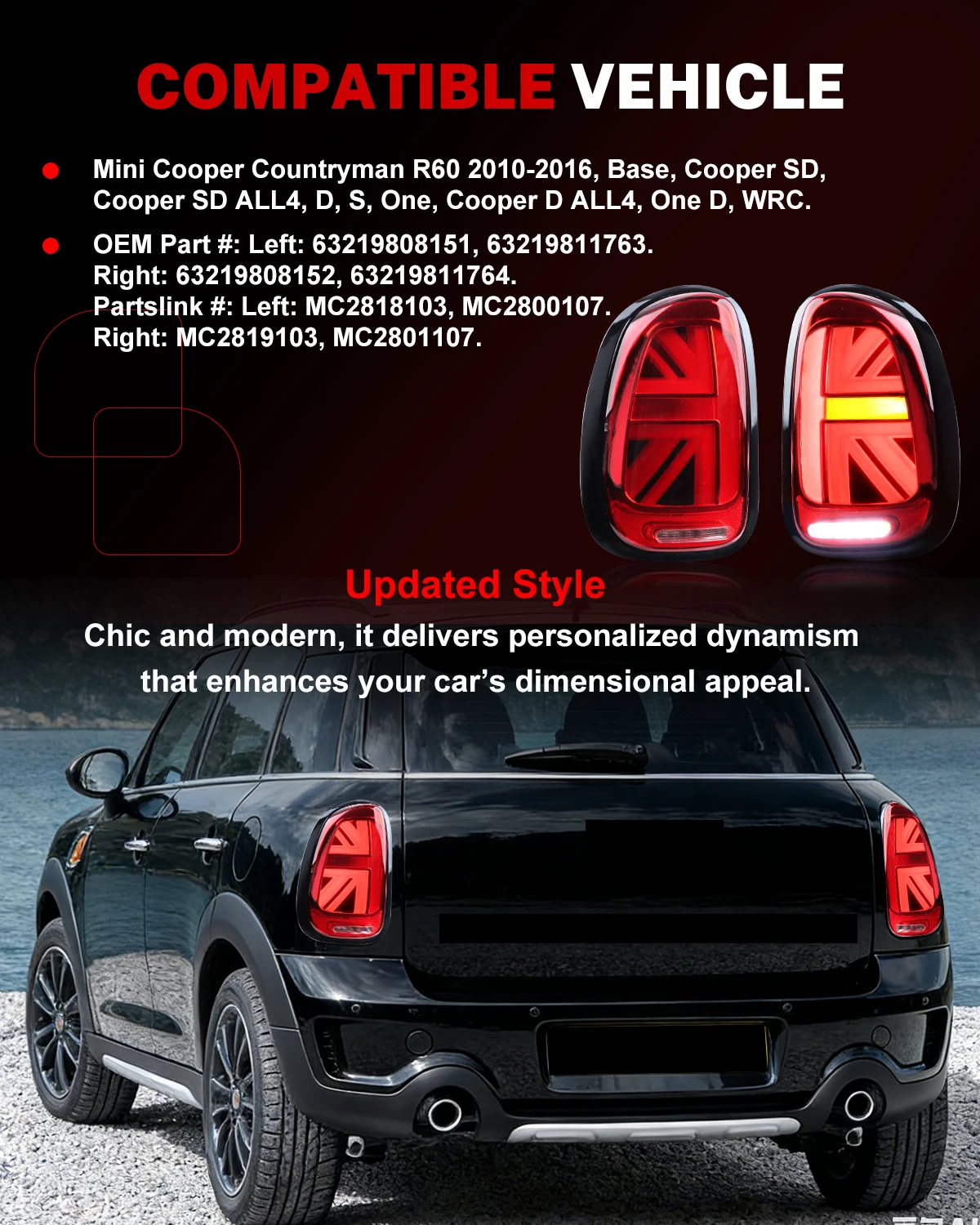 2Pcs Rear Union Jack Tail Brake Light Backup Reverse Light LED For 2010 2011 2012 2013 2014 2015 2016 Mini Cooper Countryman R60