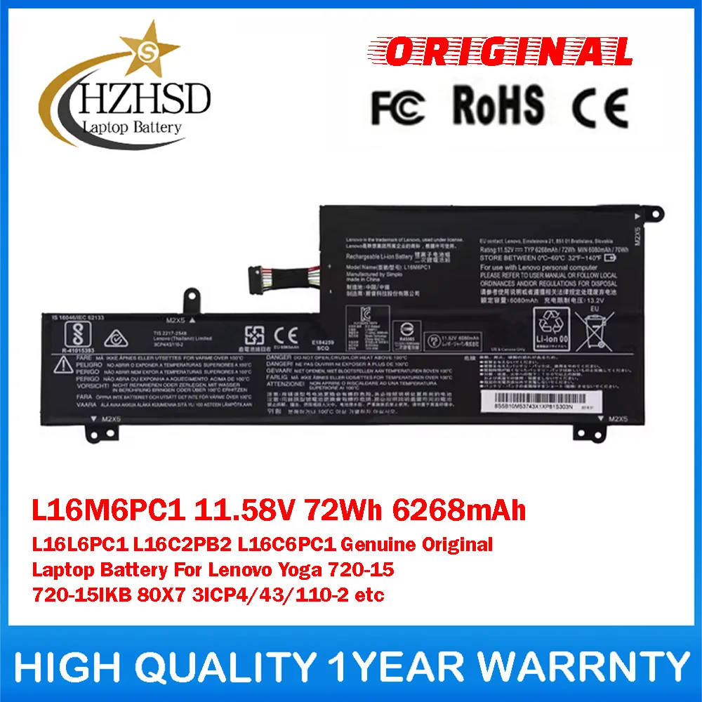 

L16M6PC1 11.58V 72Wh 6268mAh L16L6PC1 L16C2PB2 L16C6PC1 Оригинальный аккумулятор для ноутбука Lenovo Yoga 720-15 720-15IKB 80X7
