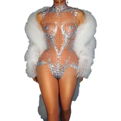 Women Sexy Sparkly Silvery Rhinestones Mesh Stretch Bodysuit Performance Dance Costume Nightclub Party Singer Dancer Stage Wear