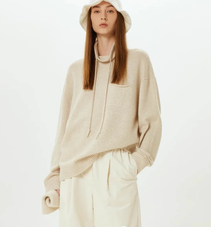 Autumn and winter just need thick, warm and heavy cashmere wool drawstring high collar loose cashmere sweater